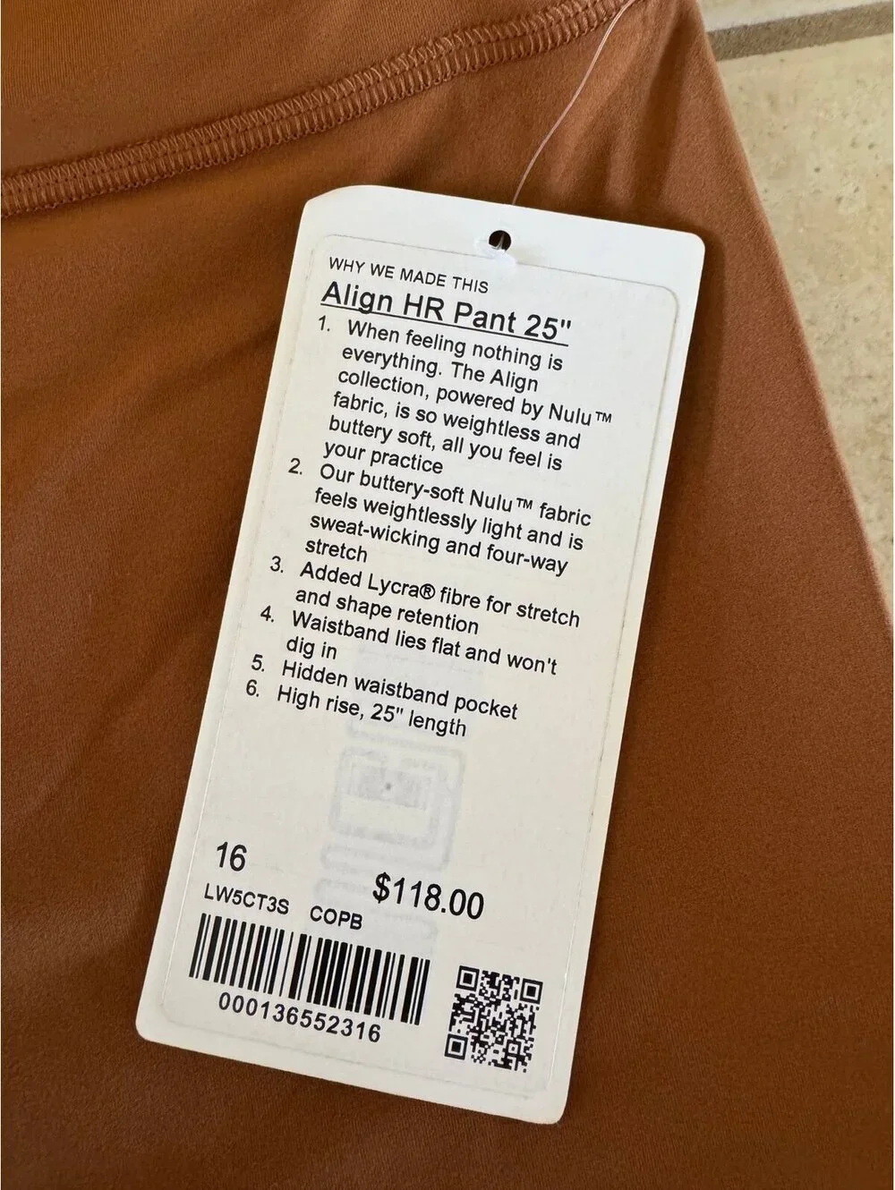 Lululemon Align High Rise 25” Copper Brown Size 16 NWT